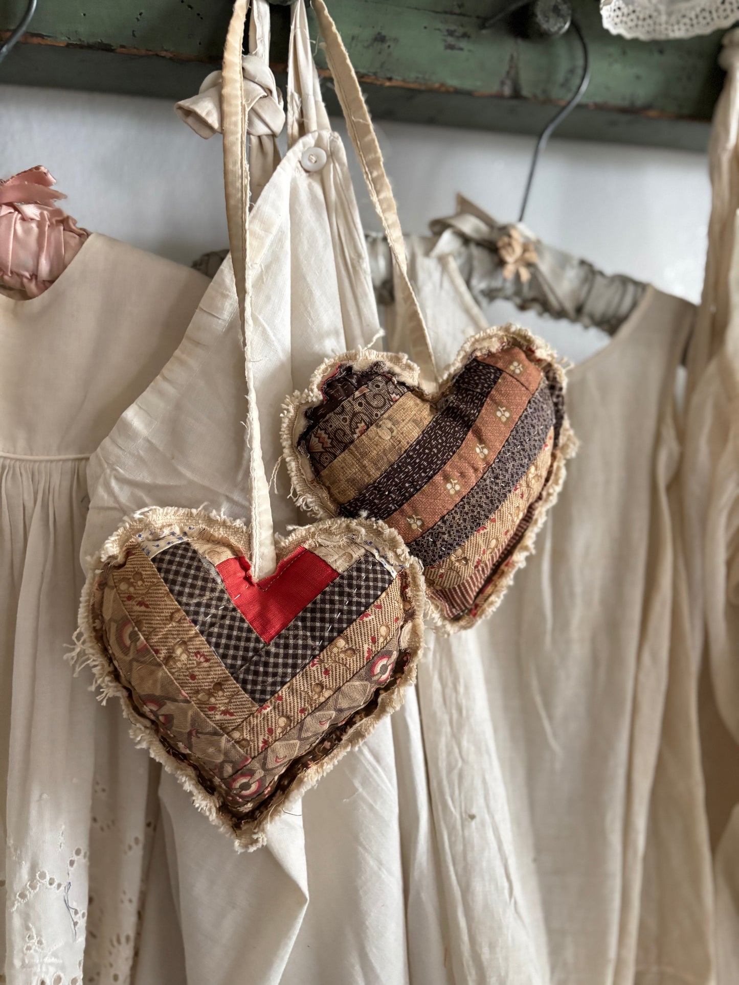 PAIR Antique quilt hanging hearts