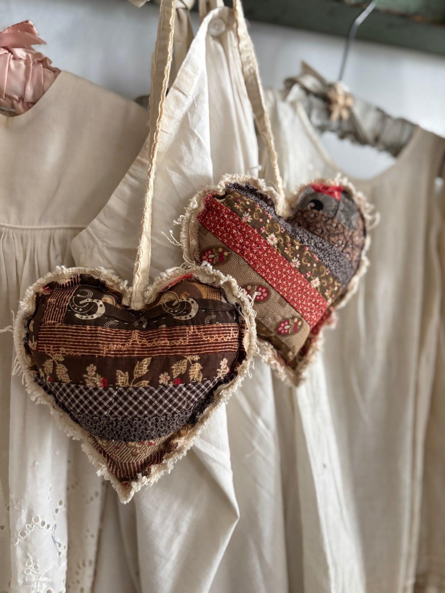 PAIR Antique quilt hanging hearts