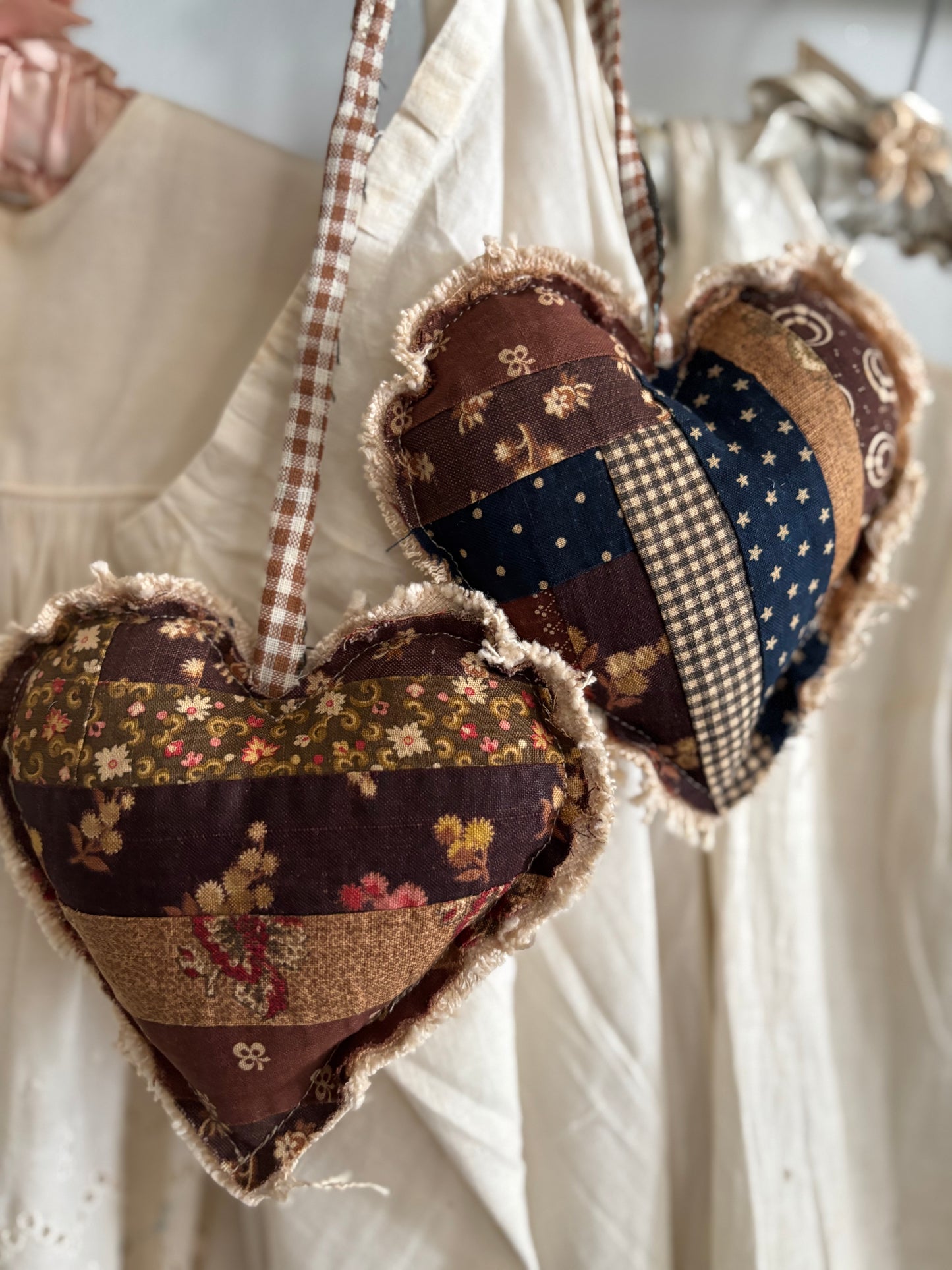 PAIR Antique quilt hanging hearts