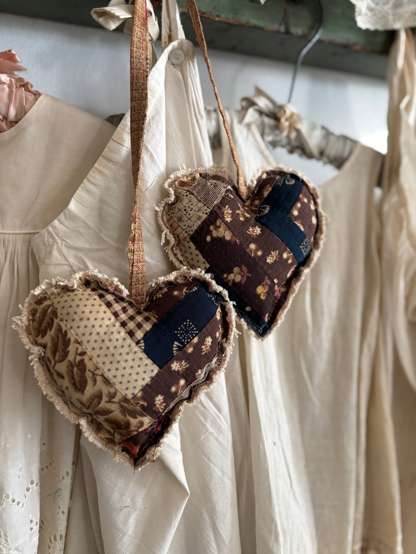 PAIR Antique quilt hanging hearts