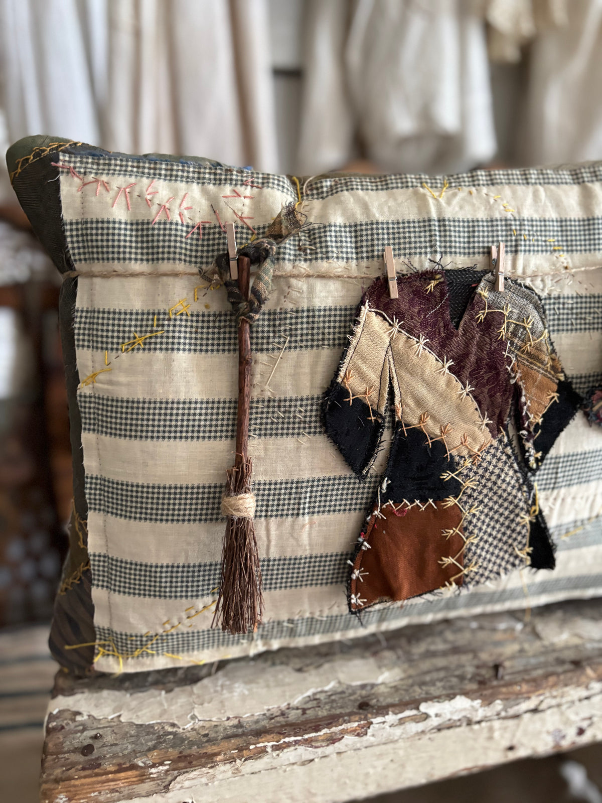 Antique quilt witch clothes line pillow