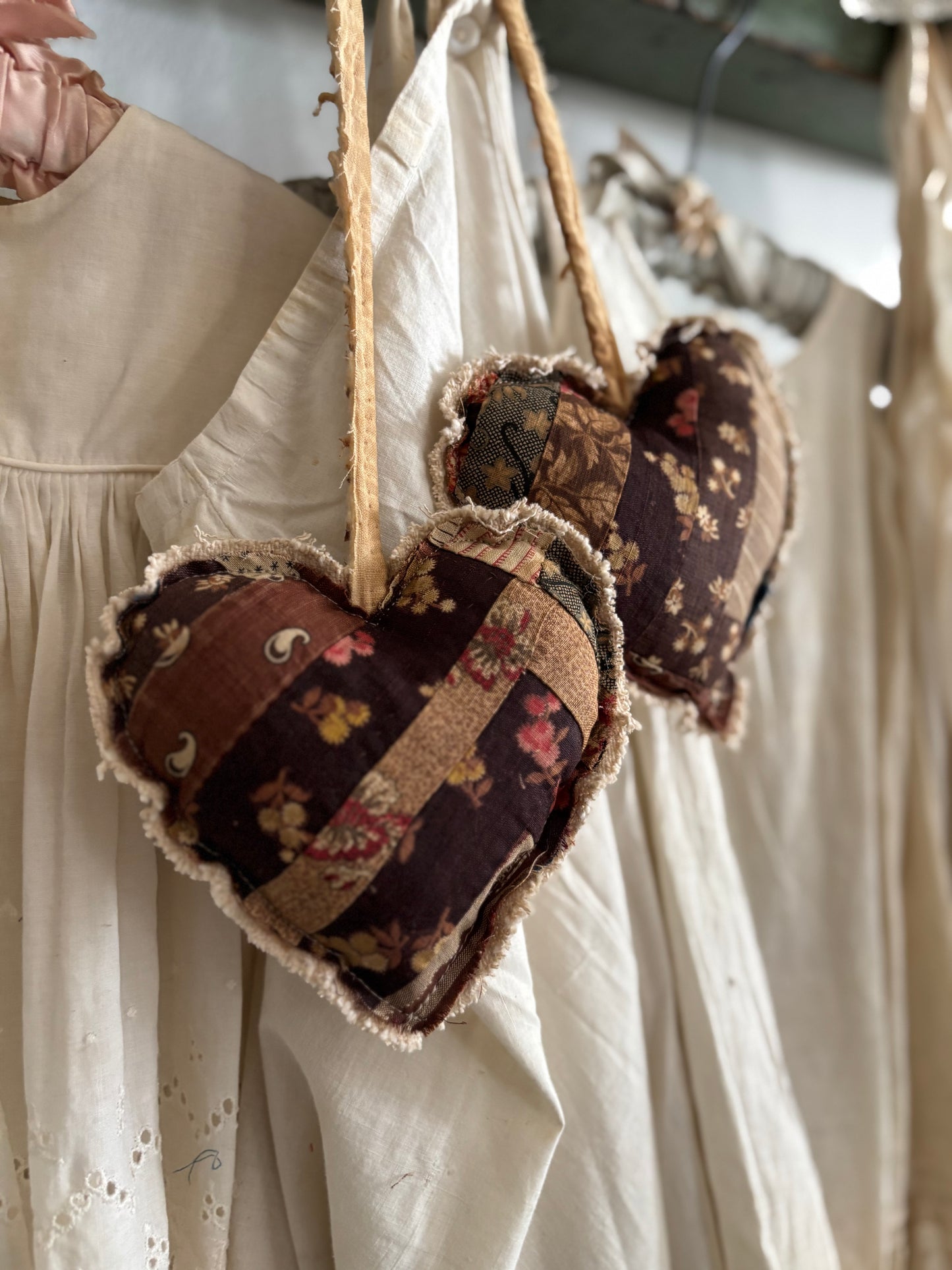 PAIR Antique quilt hanging hearts