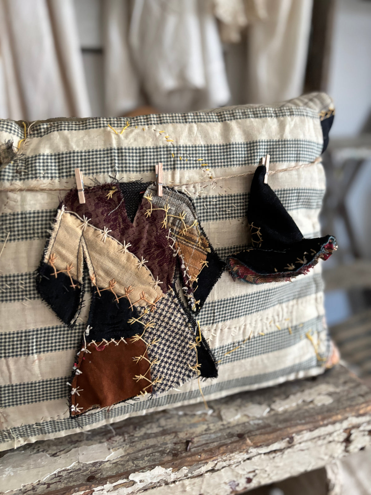 Antique quilt witch clothes line pillow