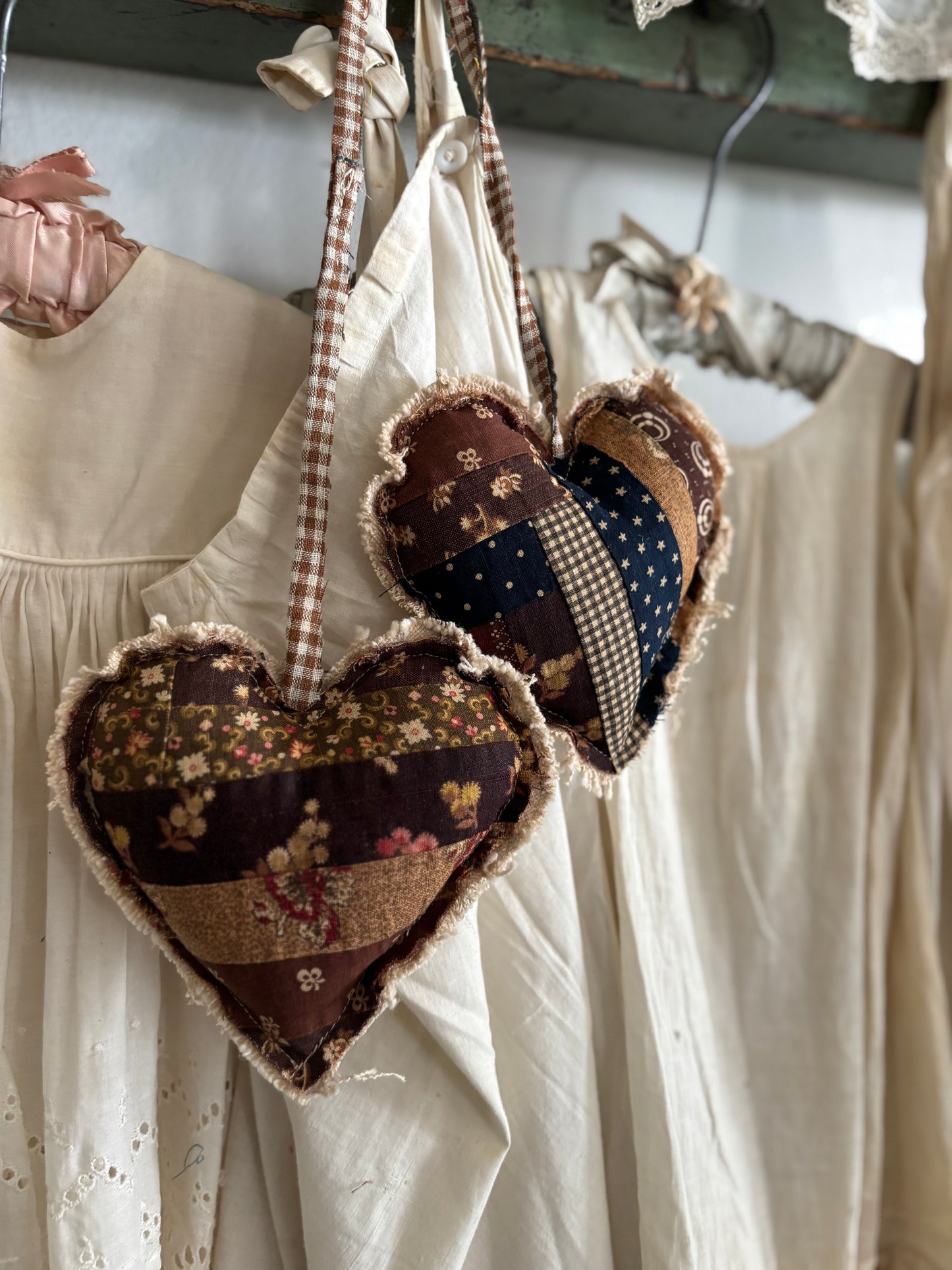 PAIR Antique quilt hanging hearts
