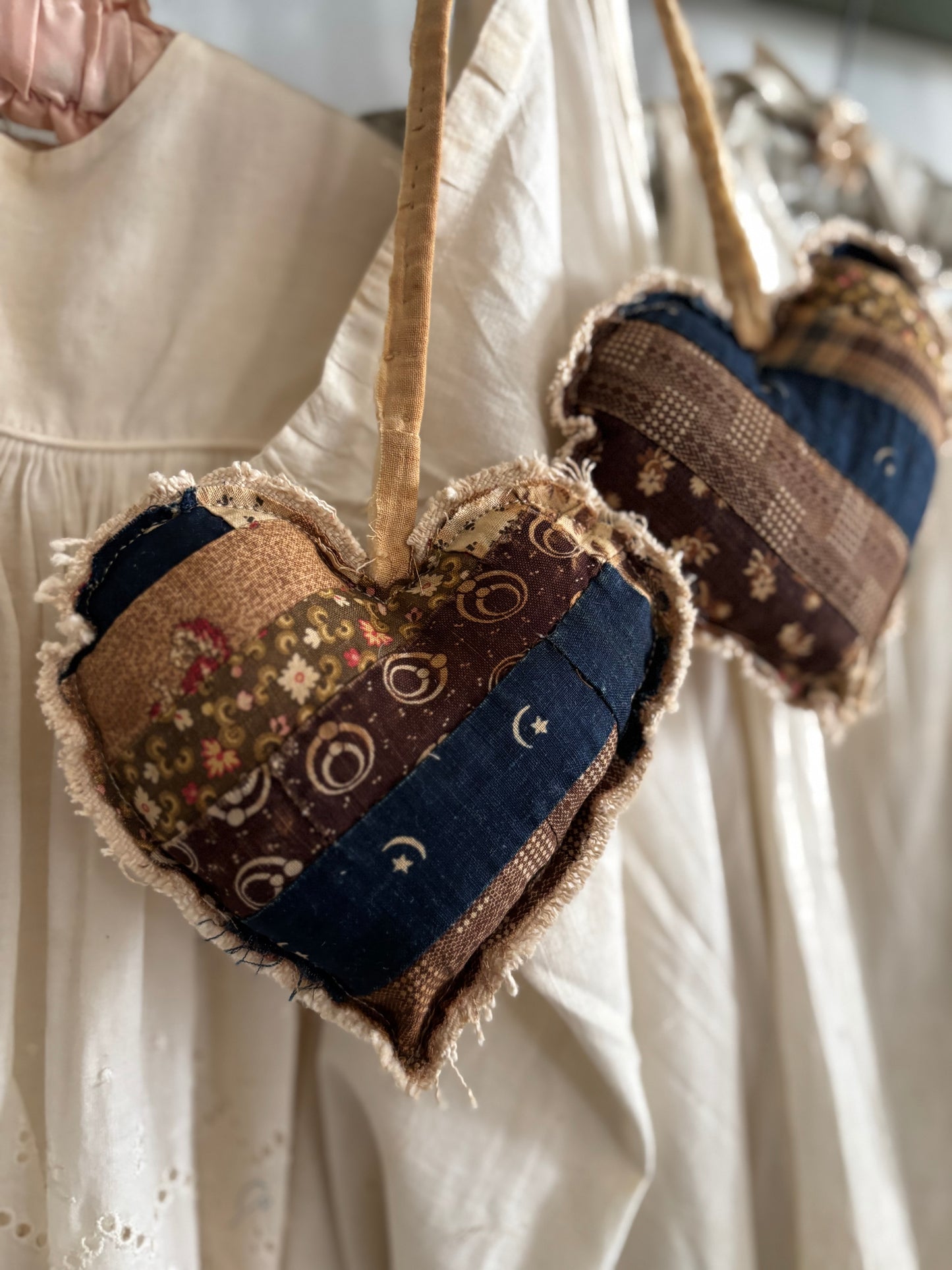 PAIR Antique quilt hanging hearts