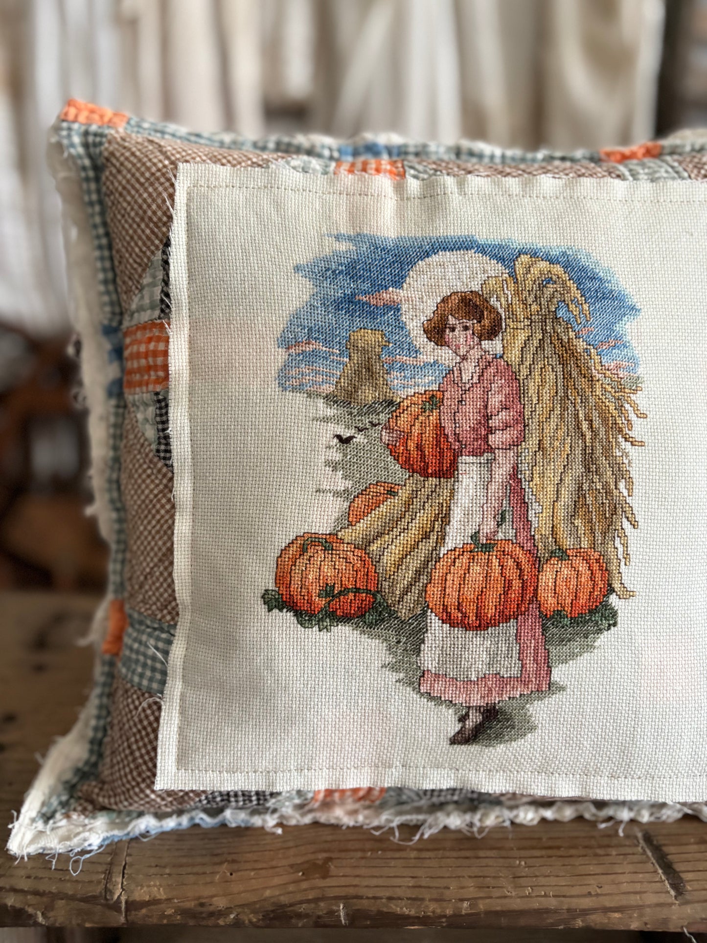 Antique quilt cross stitch pillow