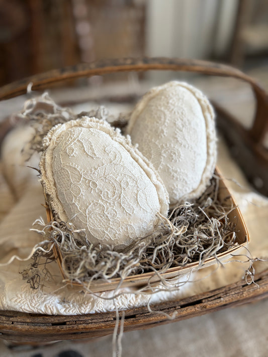 Antique lace eggs in berry basket