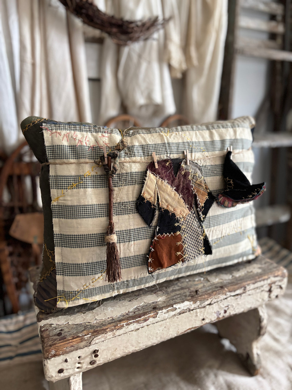Antique quilt witch clothes line pillow