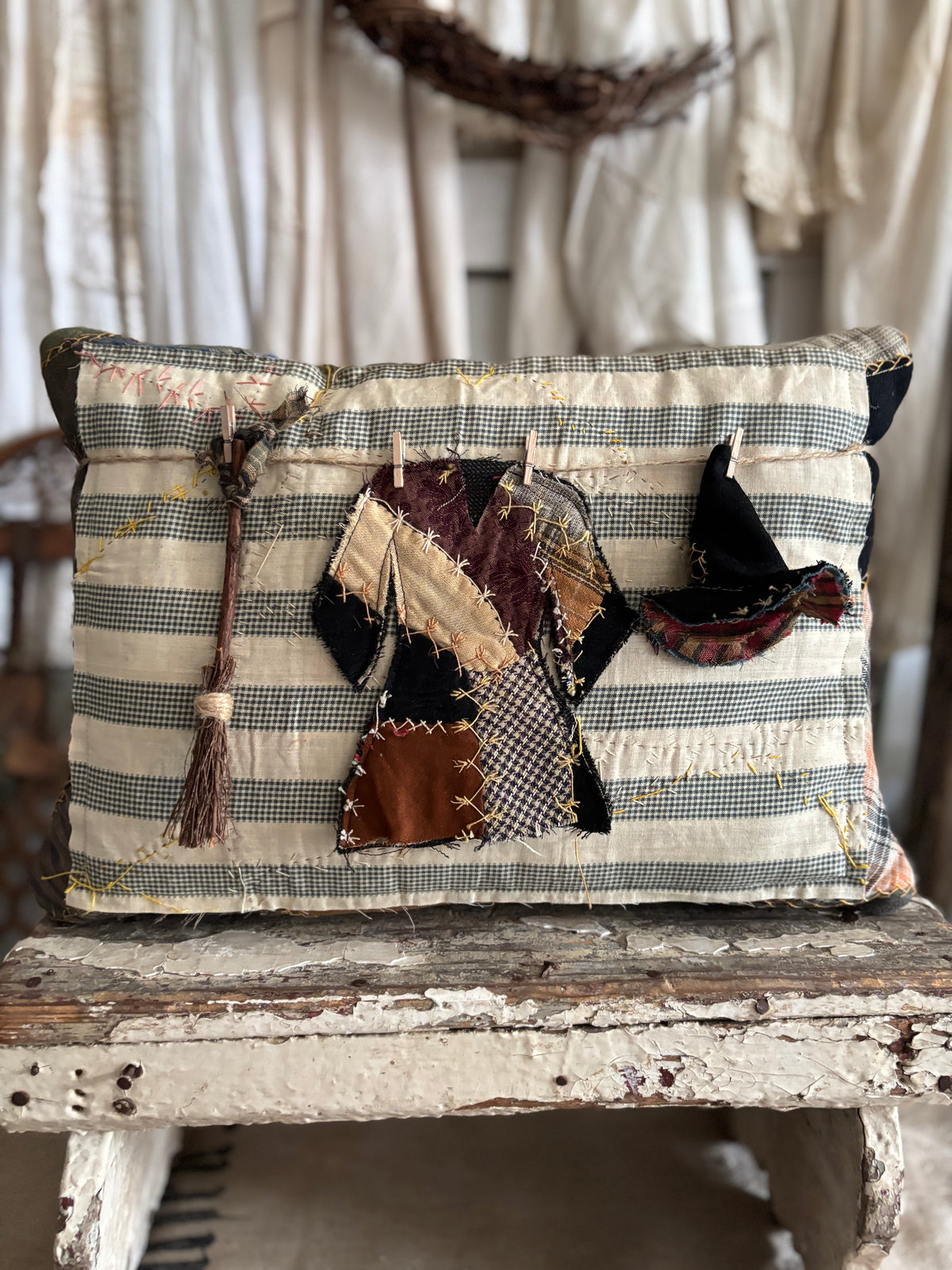 Antique quilt witch clothes line pillow