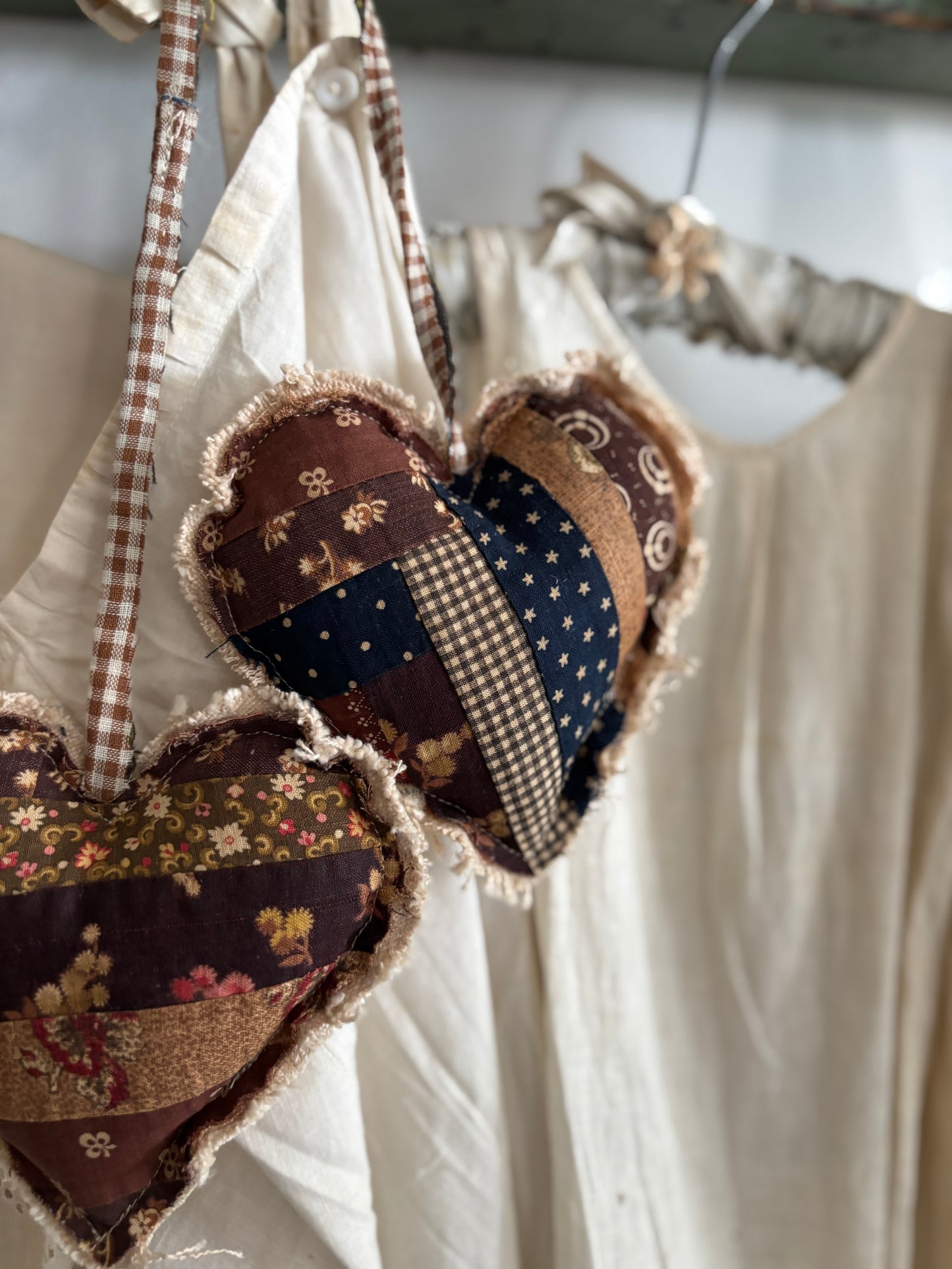 PAIR Antique quilt hanging hearts