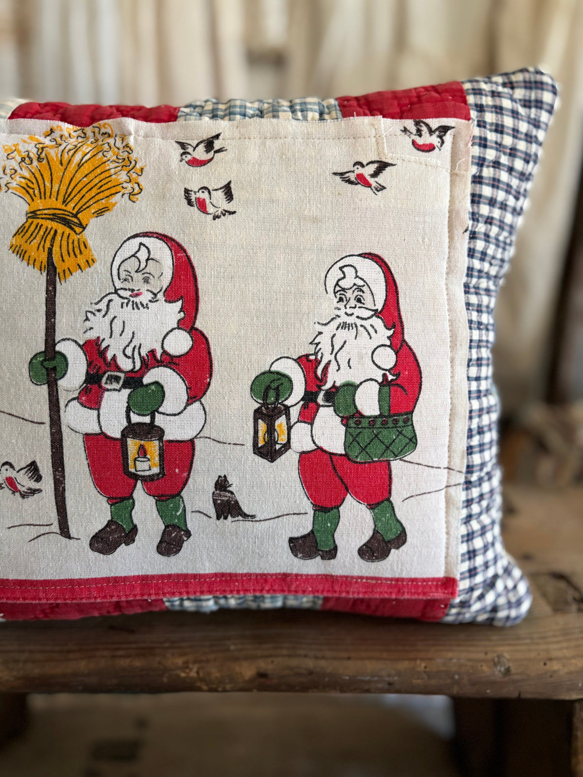 Antique quilt vintage Santa fabric pillow