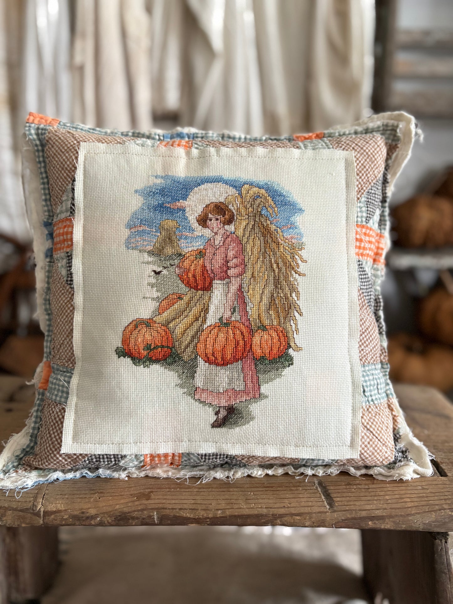 Antique quilt cross stitch pillow