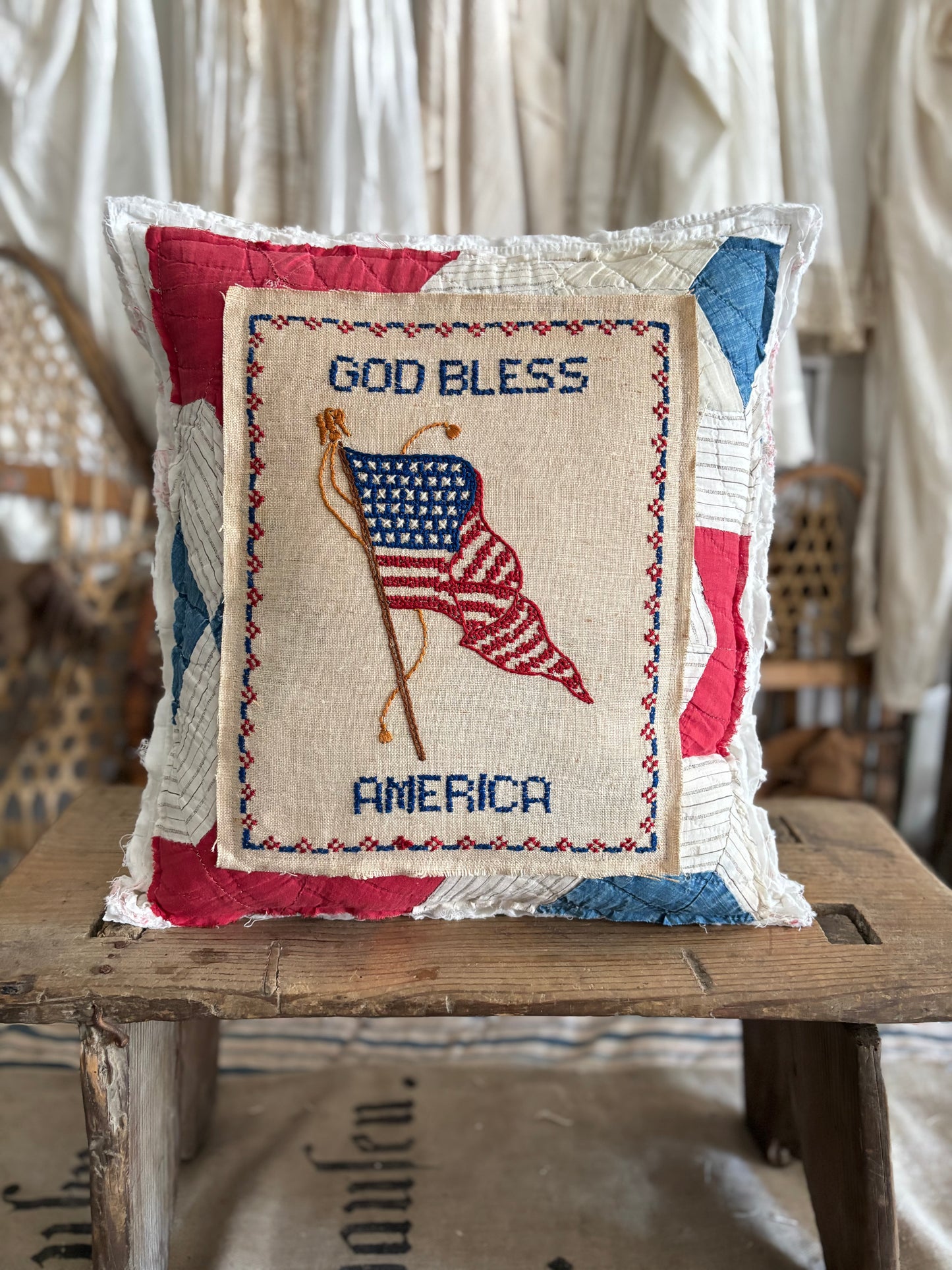 Antique quilt cross stitch pillow