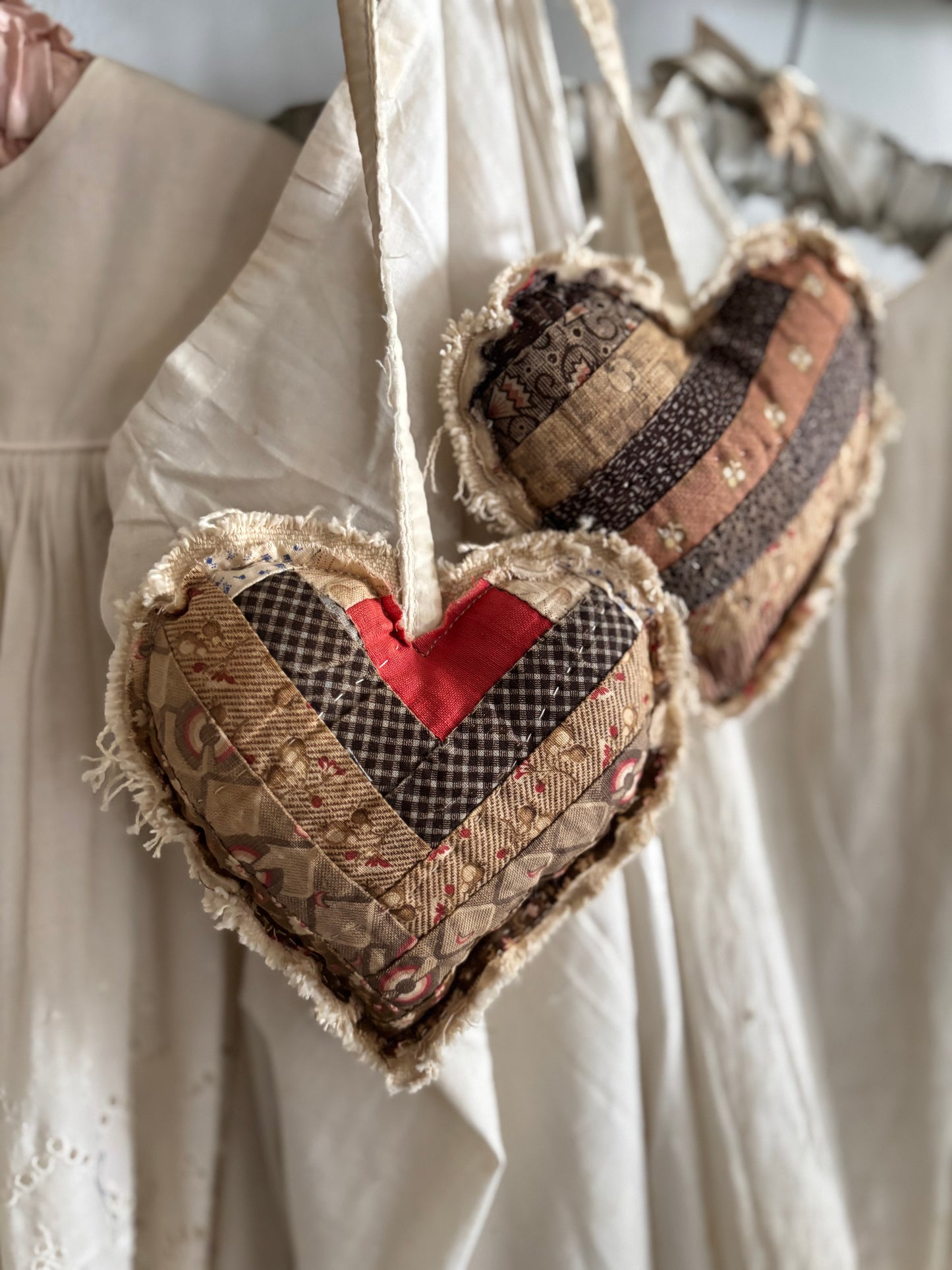 PAIR Antique quilt hanging hearts