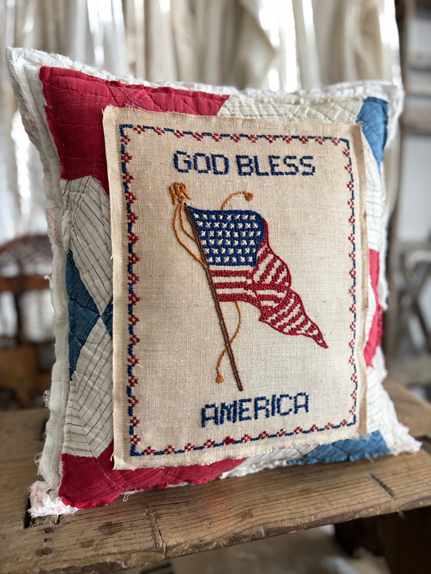 Antique quilt cross stitch pillow