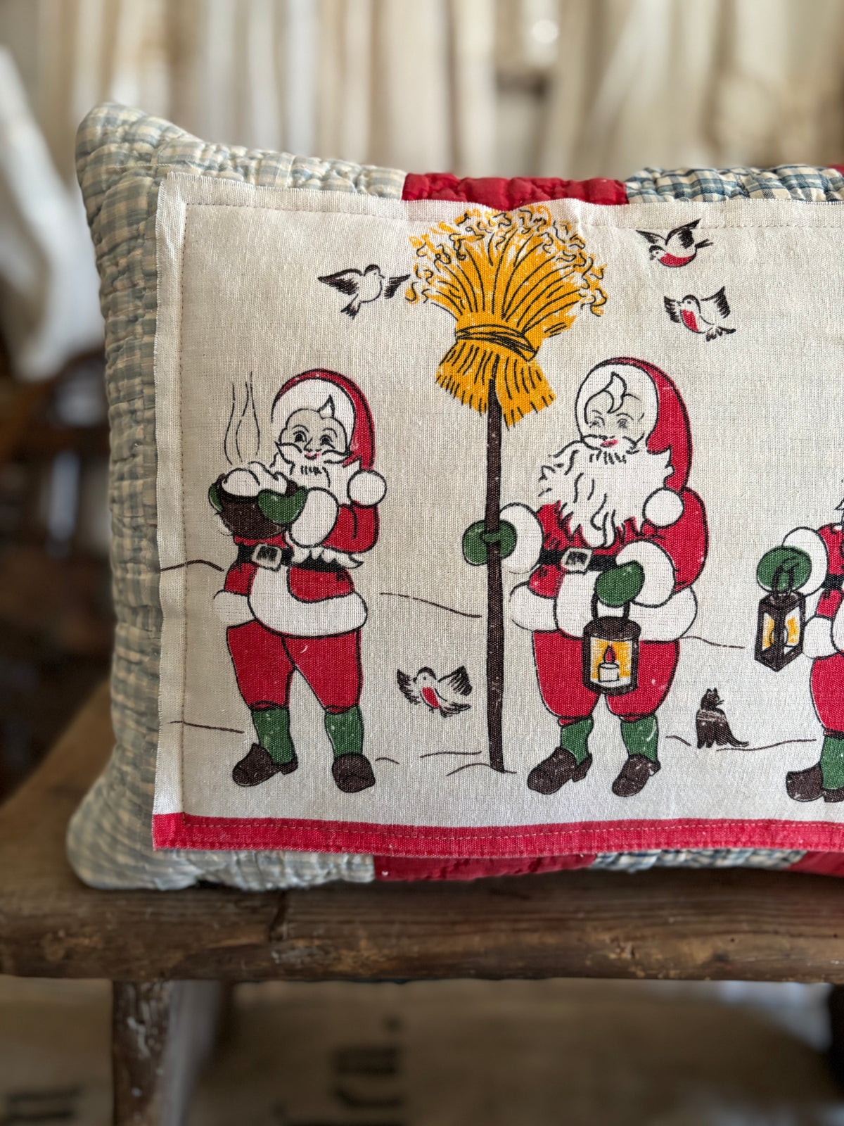 Antique quilt vintage Santa fabric pillow
