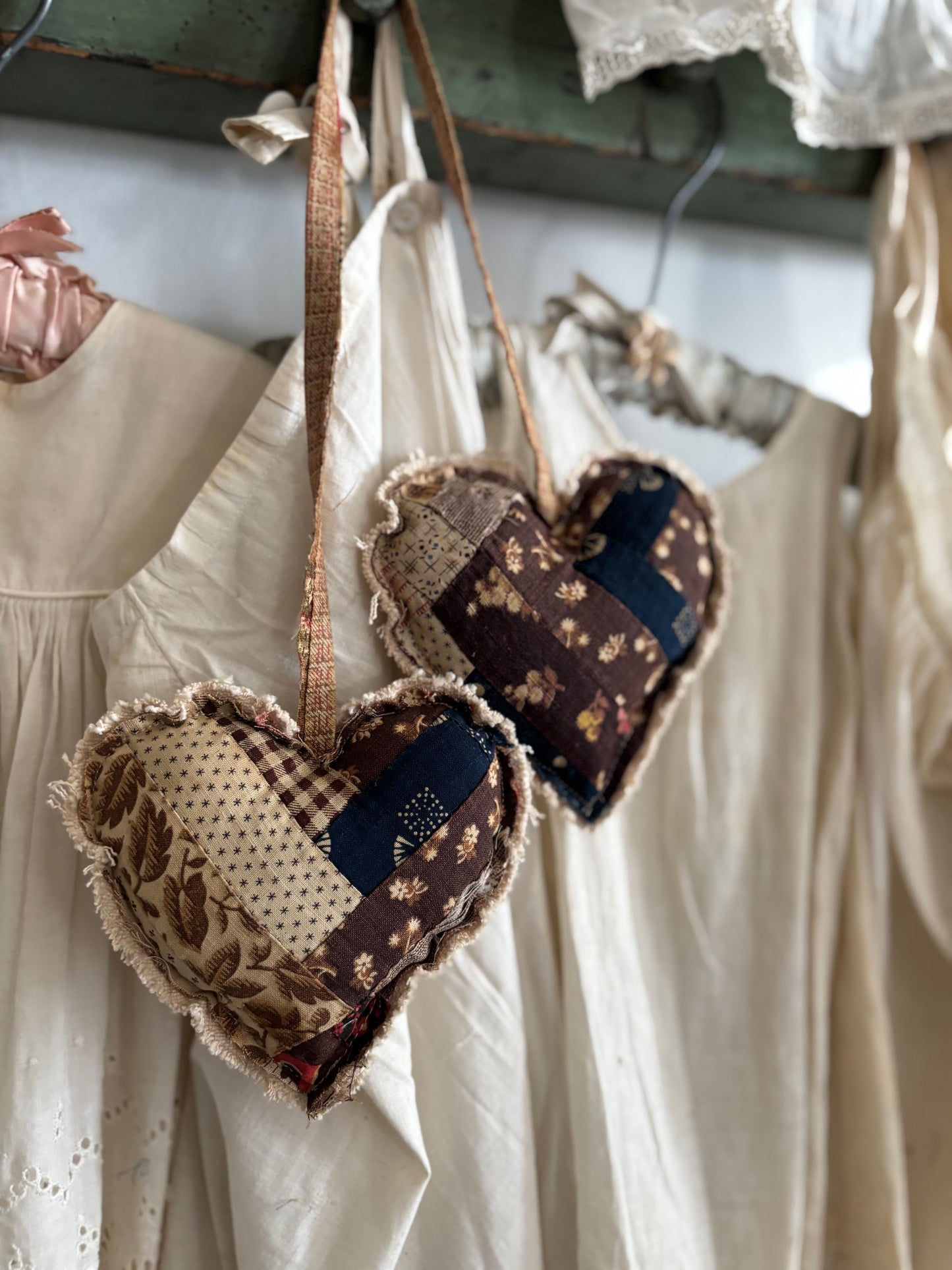 PAIR Antique quilt hanging hearts