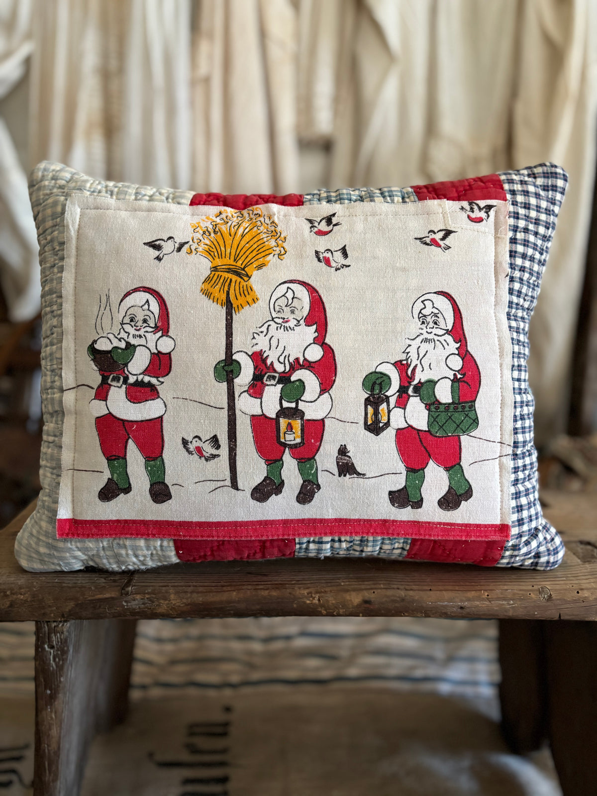 Antique quilt vintage Santa fabric pillow
