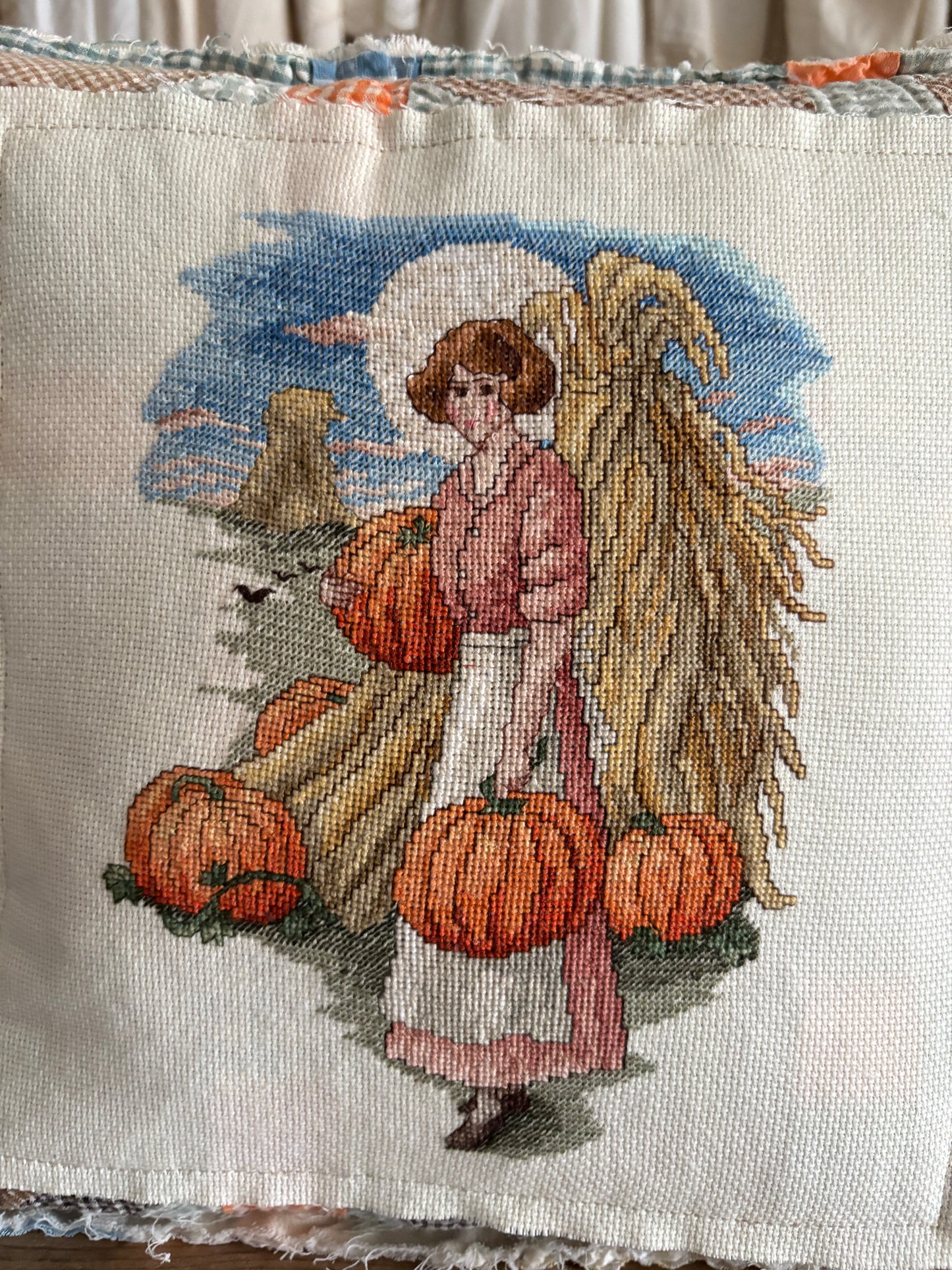 Antique quilt cross stitch pillow