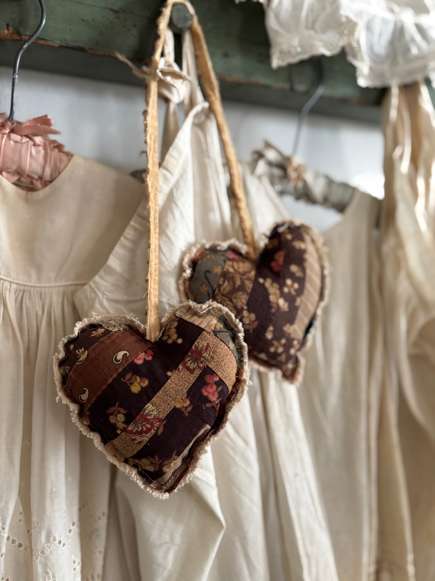 PAIR Antique quilt hanging hearts