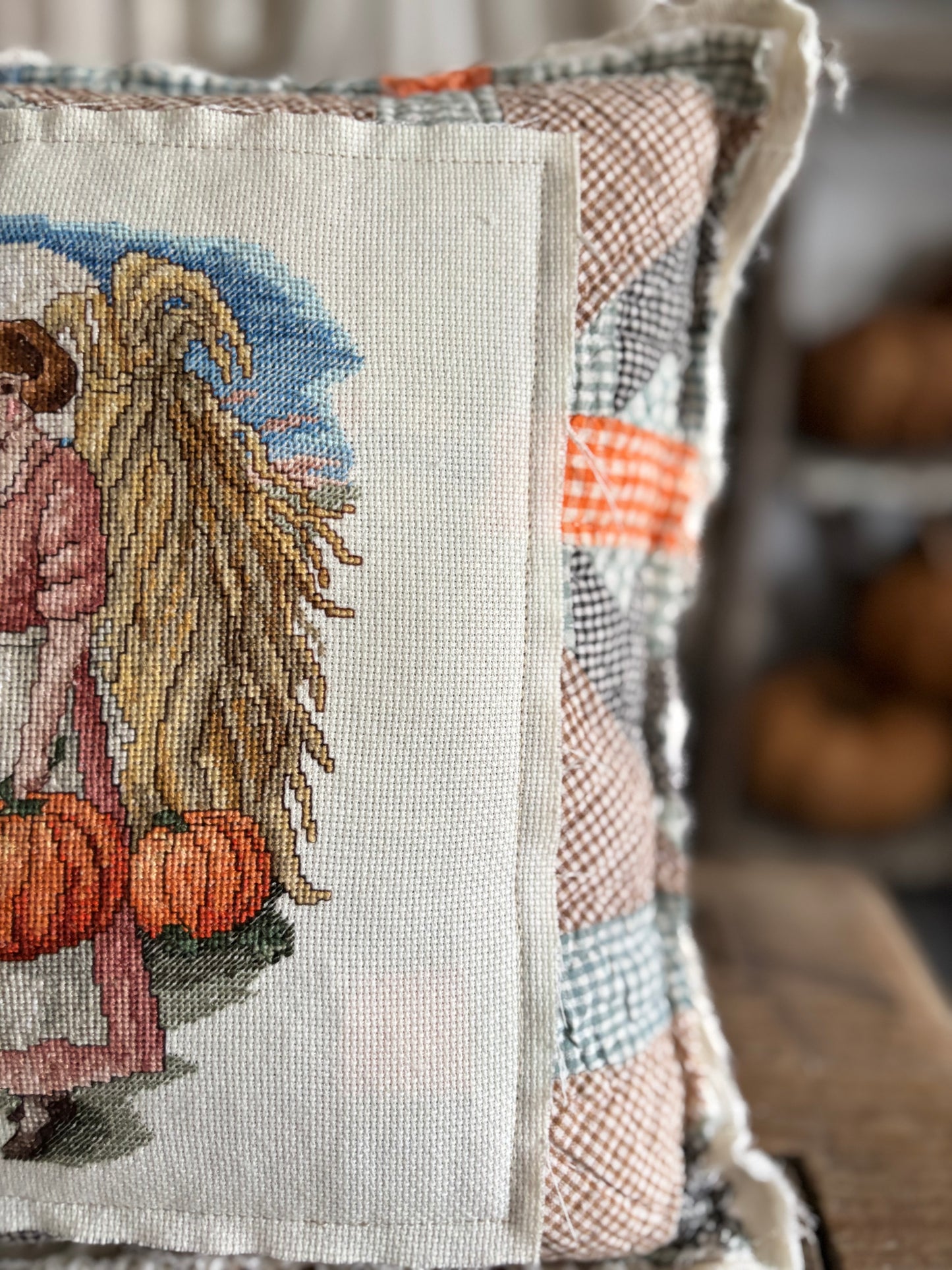 Antique quilt cross stitch pillow