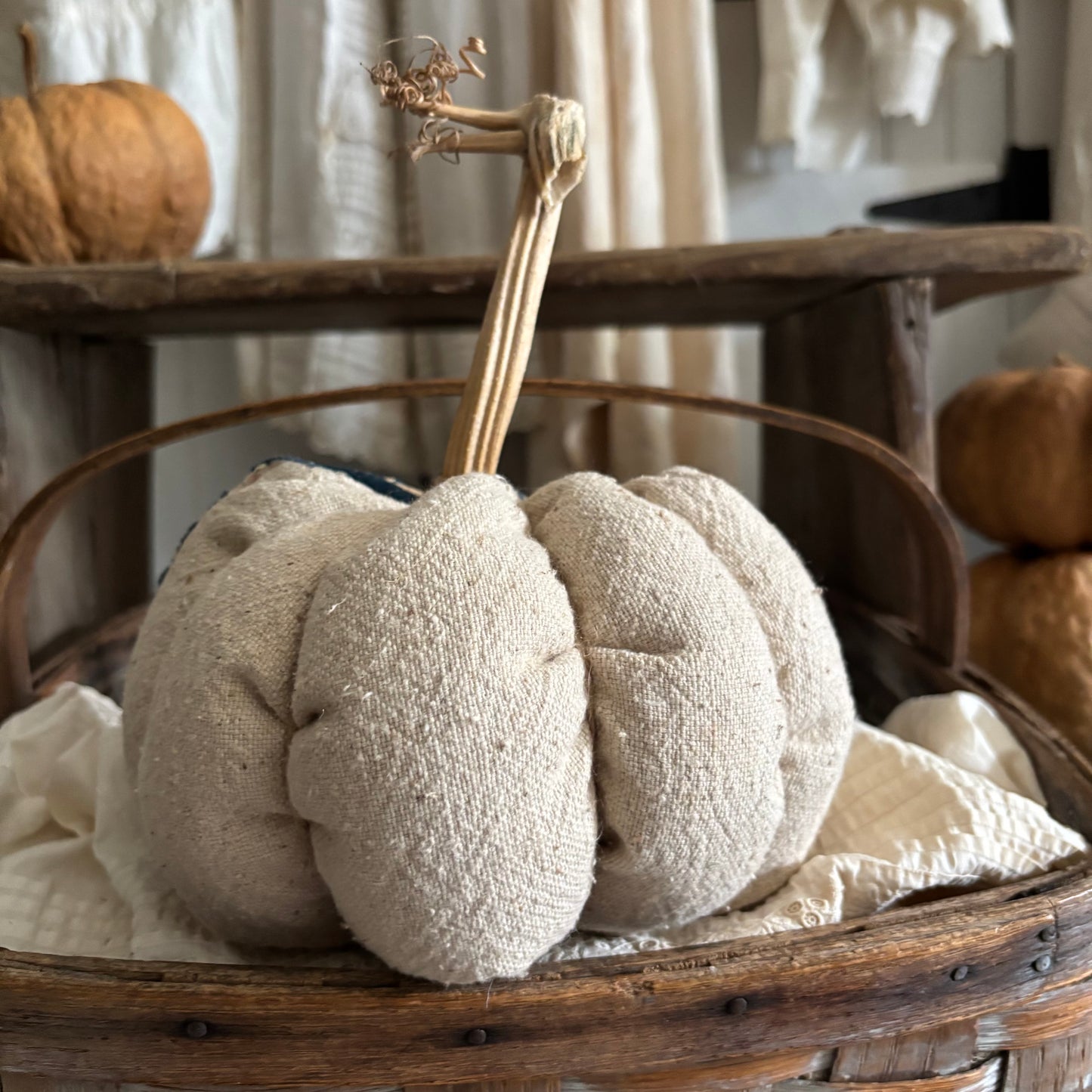 LARGE Antique quilt + grain sack pumpkin