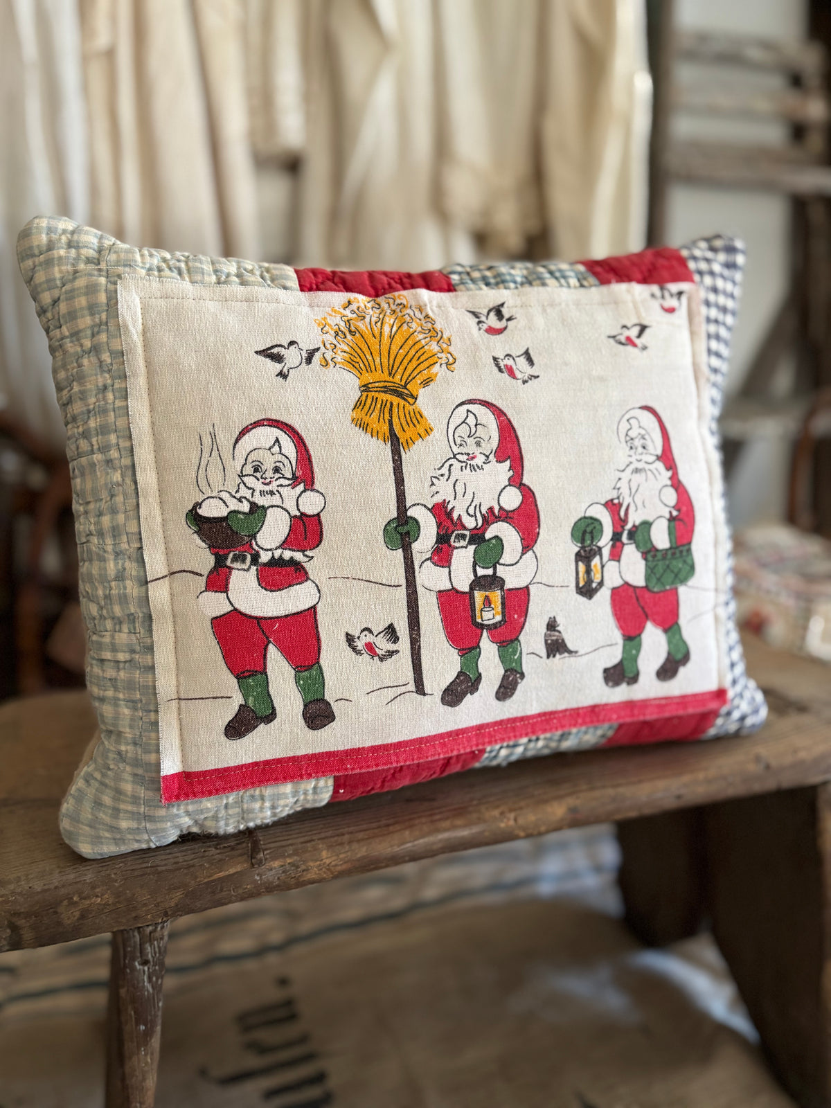 Antique quilt vintage Santa fabric pillow