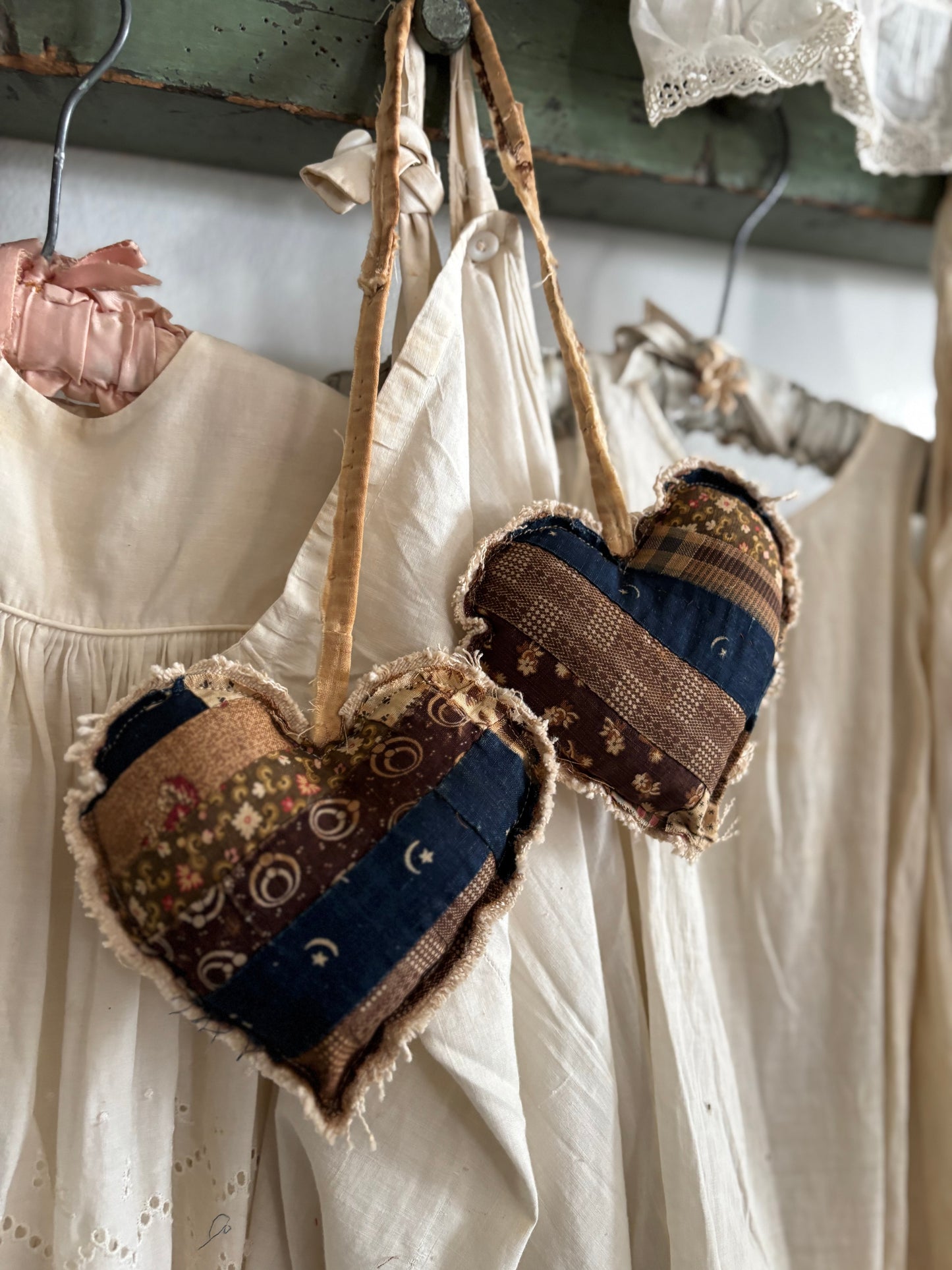 PAIR Antique quilt hanging hearts