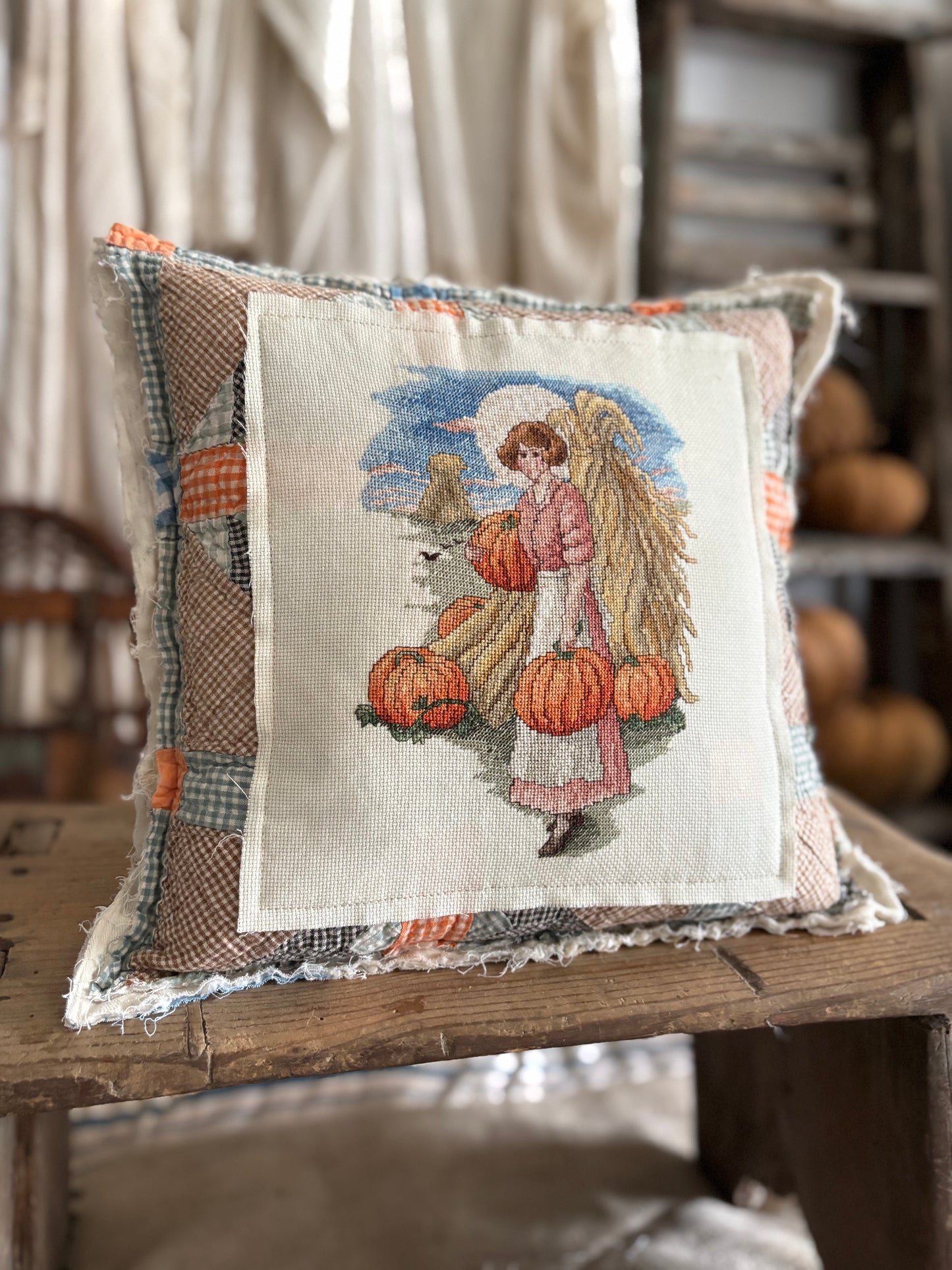 Antique quilt cross stitch pillow