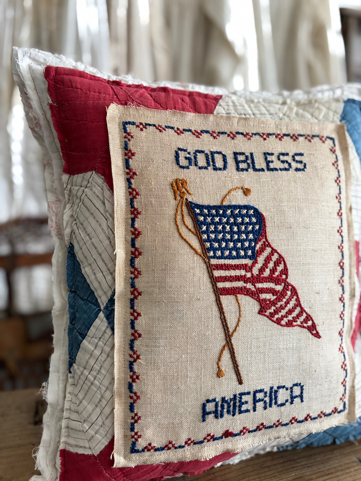 Antique quilt cross stitch pillow